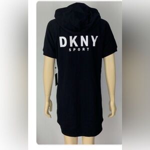 DKNY Black Short Sleeve Hooded Sweatshirt Dress with White Drawstrings